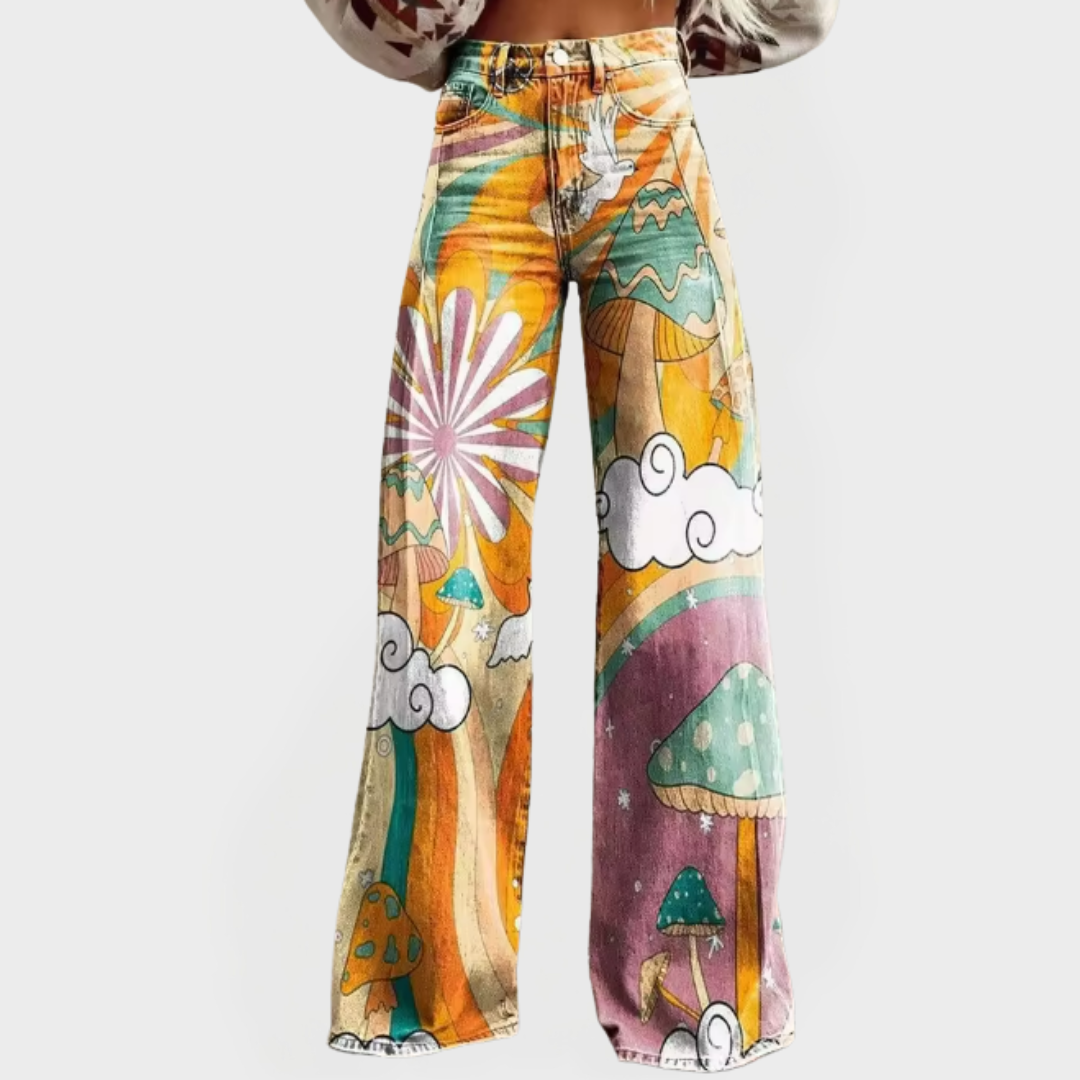 Jeans con diseño de hongos psicodélicos