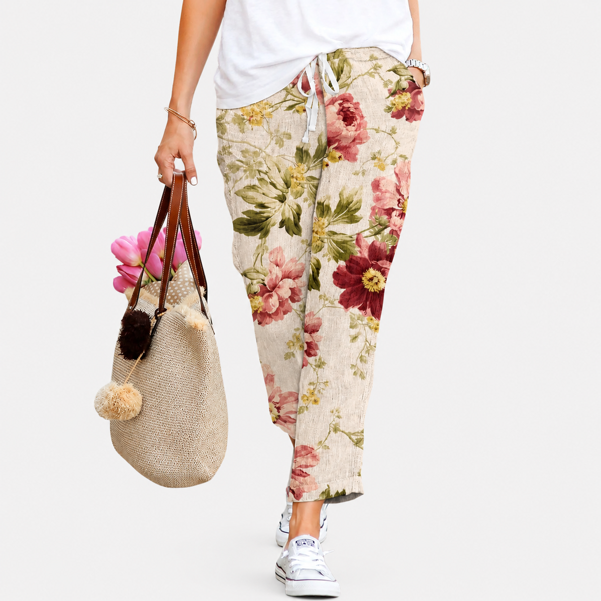 Pantalones elásticos con cordón para mujer