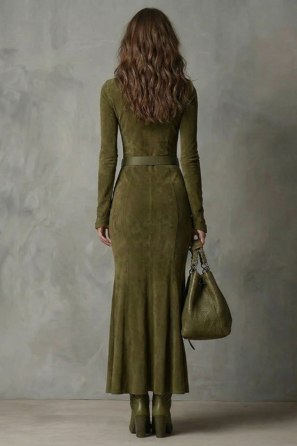 Raviona – Vestido largo de ante con cremallera y cinturón incorporado
