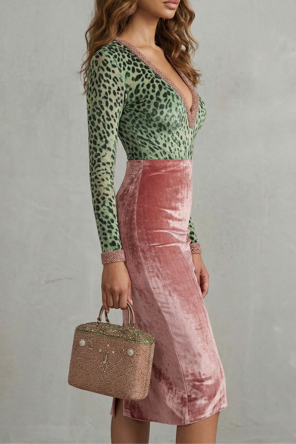 Virelline – Vestido midi ajustado al cuerpo en terciopelo con estampado de leopardo en contraste