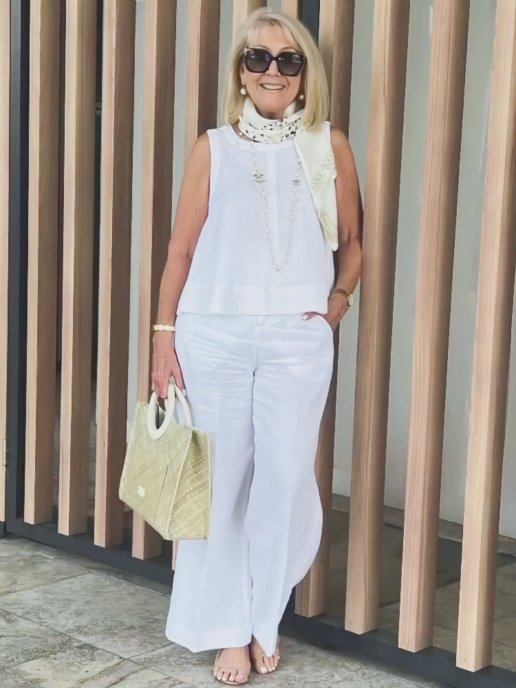 Trinidad™ | Conjunto blanco de blusa y pantalón de pierna ancha