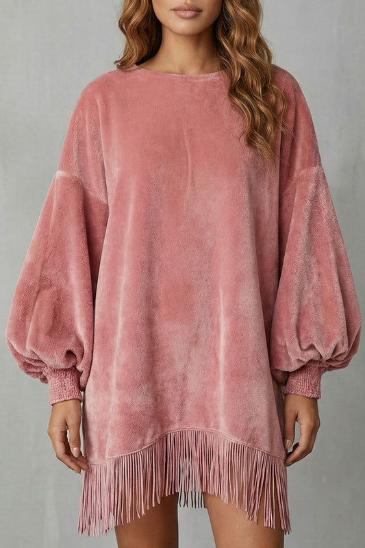 Bellurie – Vestido corto con mangas abullonadas y flecos