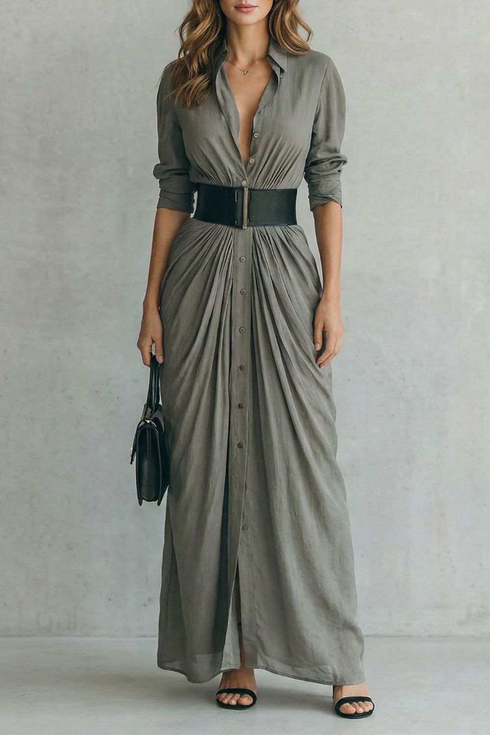 Solenzia – Vestido camisero largo plisado de talle alto con cinturón