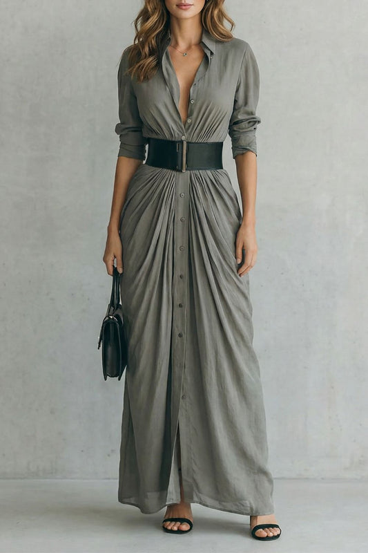 Solenzia – Vestido camisero largo plisado de talle alto con cinturón