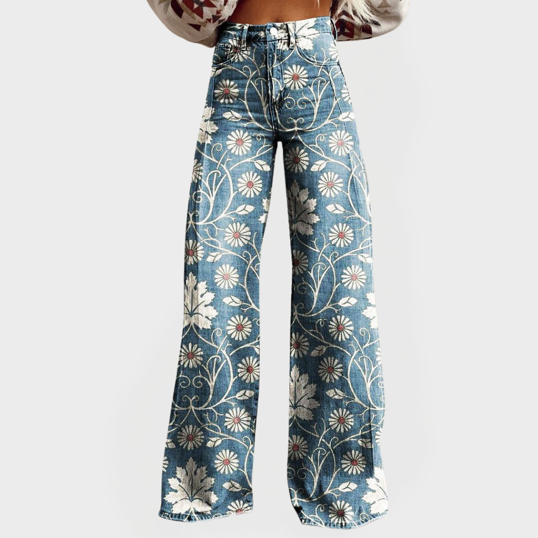 Elegantes pantalones florales con perneras anchas
