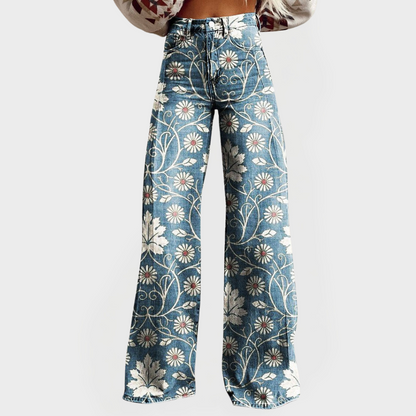 Elegantes pantalones florales con perneras anchas