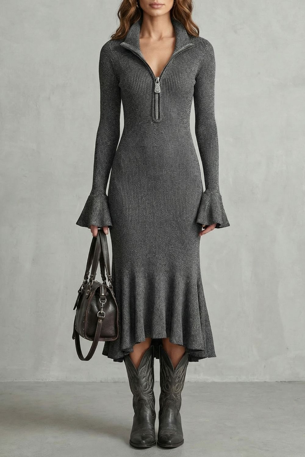 Veloria – Elegante vestido midi con mangas acampanadas y cierre de cremallera.