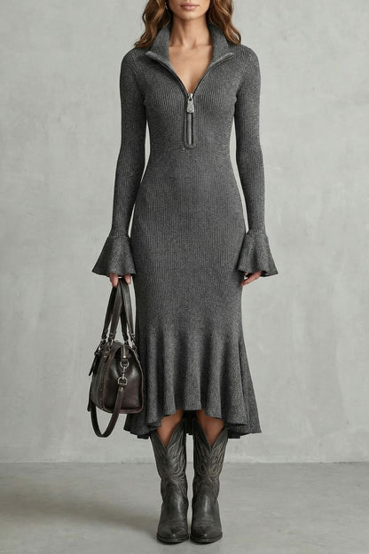 Veloria – Elegante vestido midi con mangas acampanadas y cierre de cremallera.