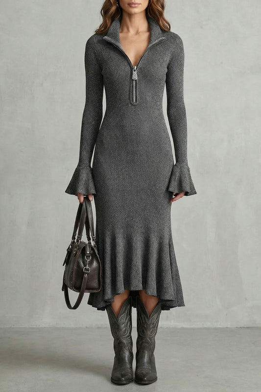 Veloria – Elegante vestido midi con mangas acampanadas y cierre de cremallera.