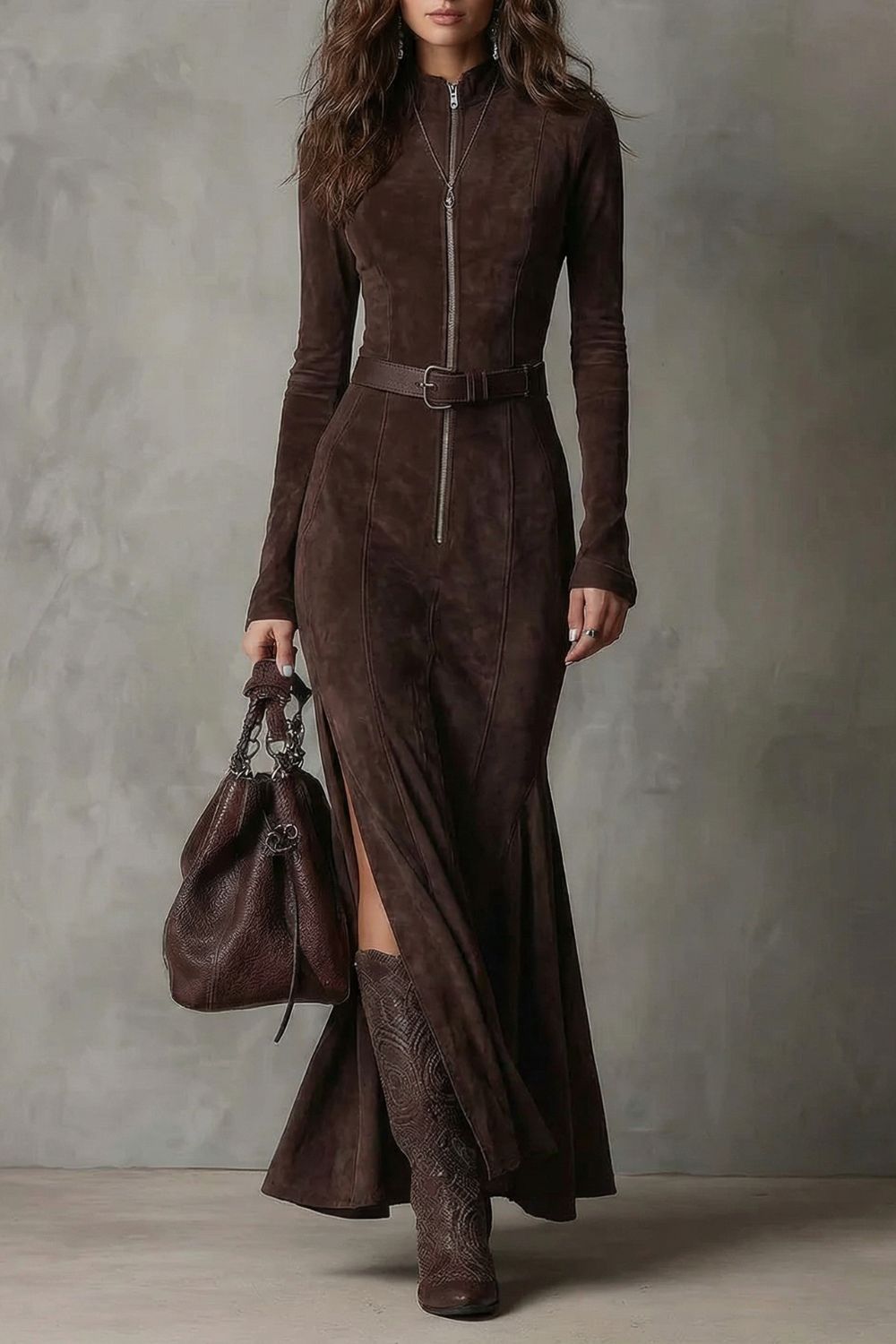 Raviona – Vestido largo de ante con cremallera y cinturón incorporado