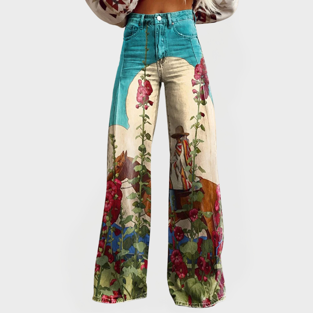 Elegantes vaqueros con estampado floral y perneras anchas