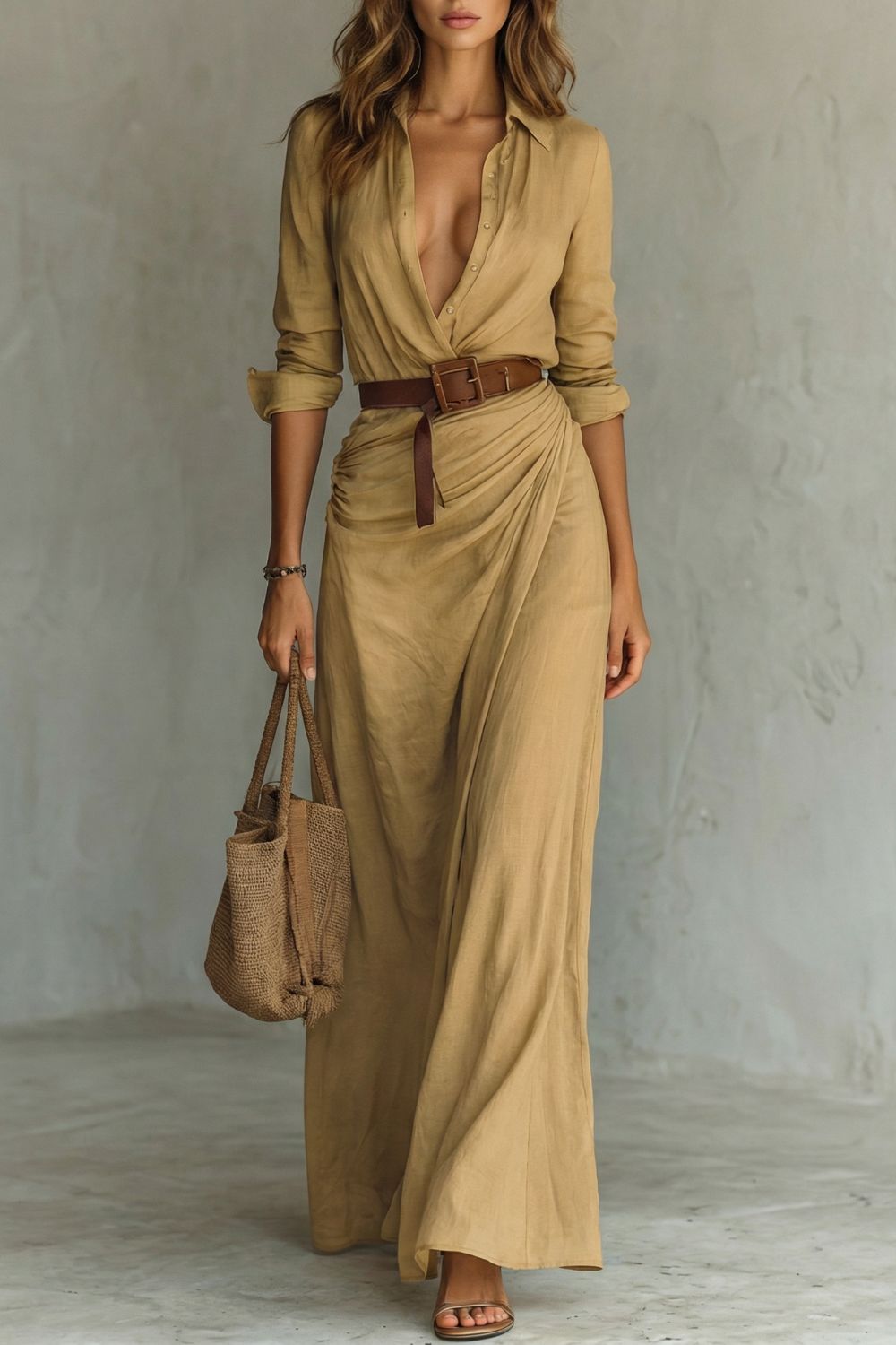 Azura – Vestido cruzado con botones en la parte delantera – Vestido largo con cinturón