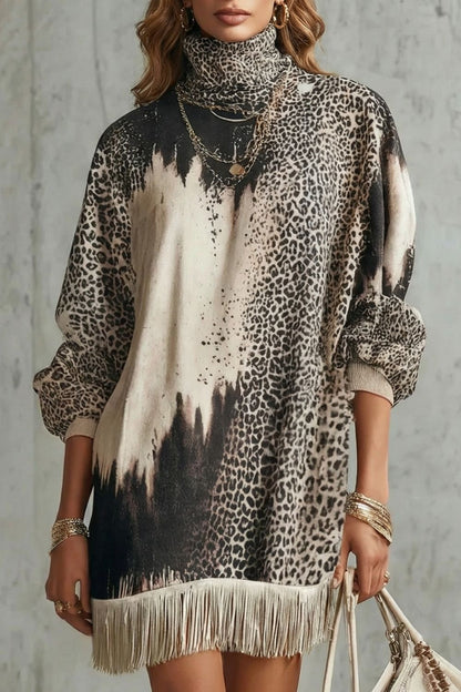 Solenne – Vestido corto con estampado de leopardo y flecos