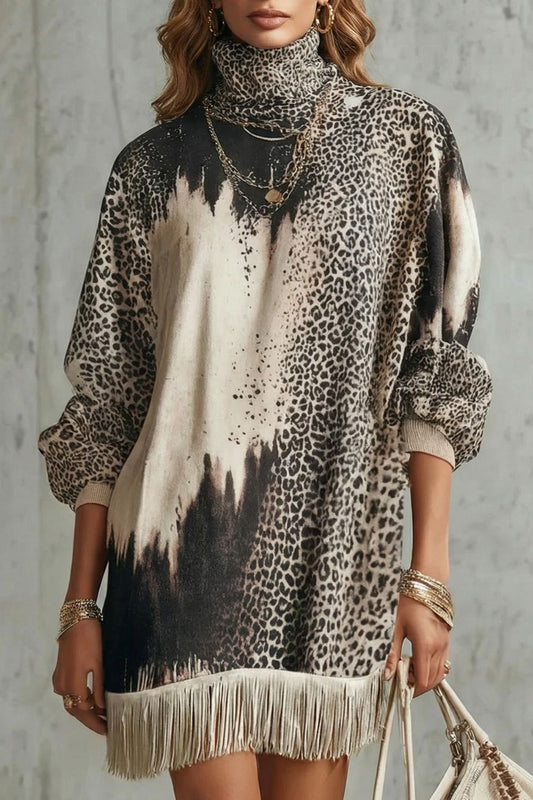 Solenne – Vestido corto con estampado de leopardo y flecos