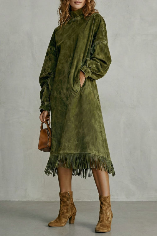 Valdrina – Vestido midi de cuello alto con detalles de flecos de ante