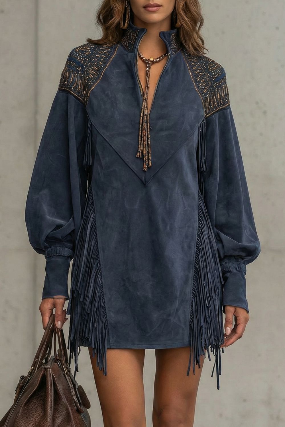 Calvetta – Vestido túnica corto con flecos bordados
