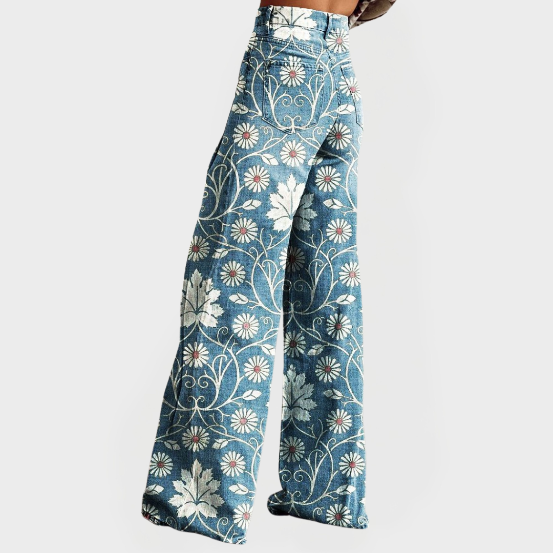 Elegantes pantalones florales con perneras anchas