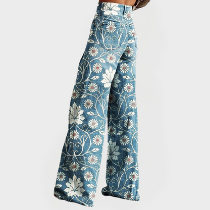 Elegantes pantalones florales con perneras anchas