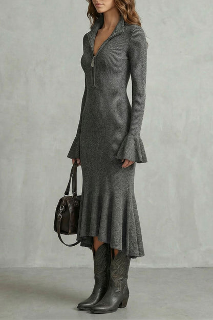 Veloria – Elegante vestido midi con mangas acampanadas y cierre de cremallera.
