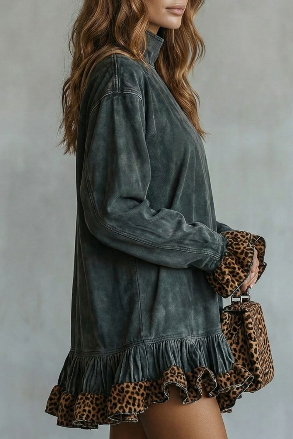 Selvatta – Vestido corto de ante con estampado de leopardo y volantes