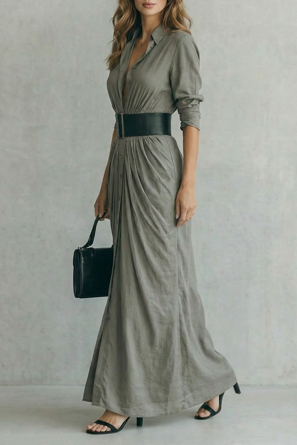 Solenzia – Vestido camisero largo plisado de talle alto con cinturón