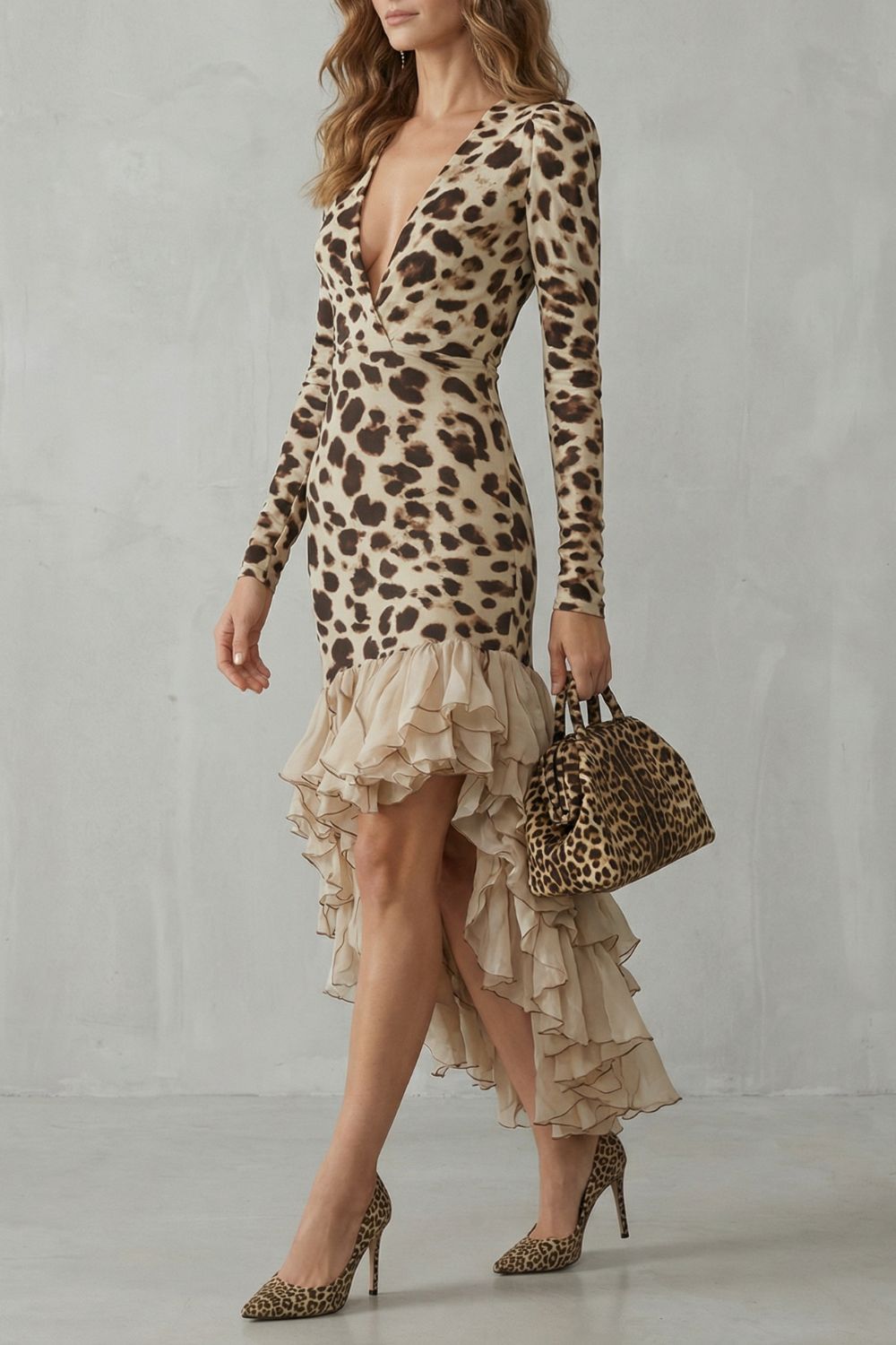 Lioraé – Vestido midi con estampado de leopardo y bajo fruncido