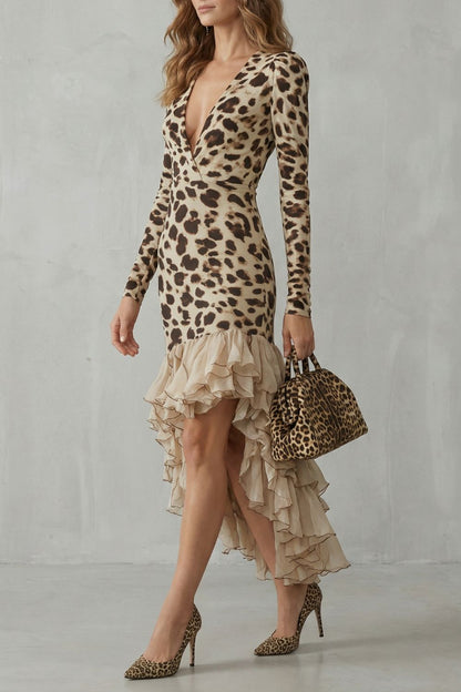 Lioraé – Vestido midi con estampado de leopardo y bajo fruncido