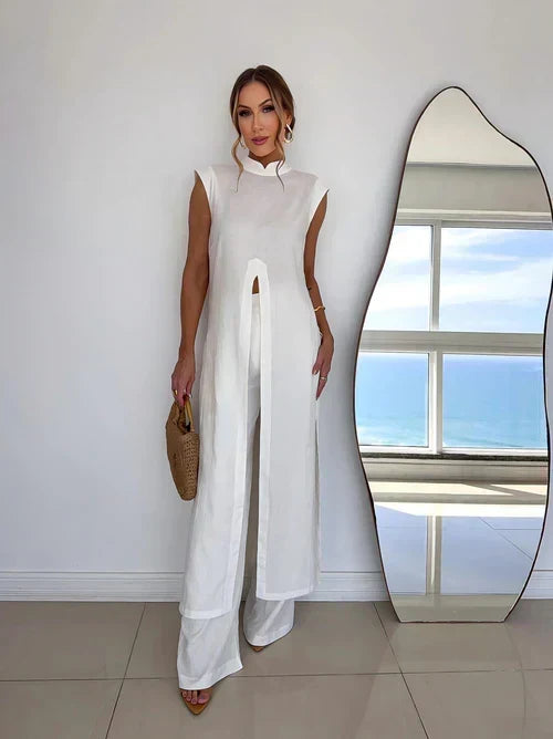 Benigna™ | Conjunto blanco: Túnica con volantes y pantalón
