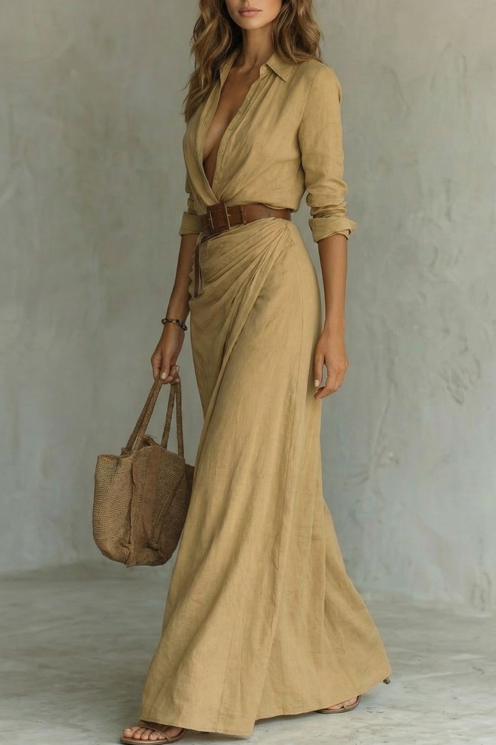 Azura – Vestido cruzado con botones en la parte delantera – Vestido largo con cinturón