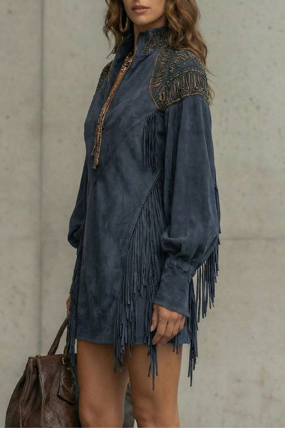 Calvetta – Vestido túnica corto con flecos bordados