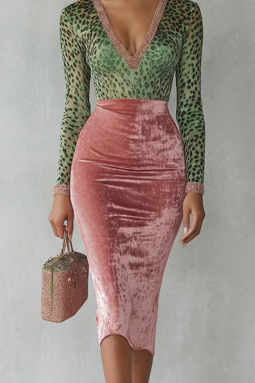 Virelline – Vestido midi ajustado al cuerpo en terciopelo con estampado de leopardo en contraste