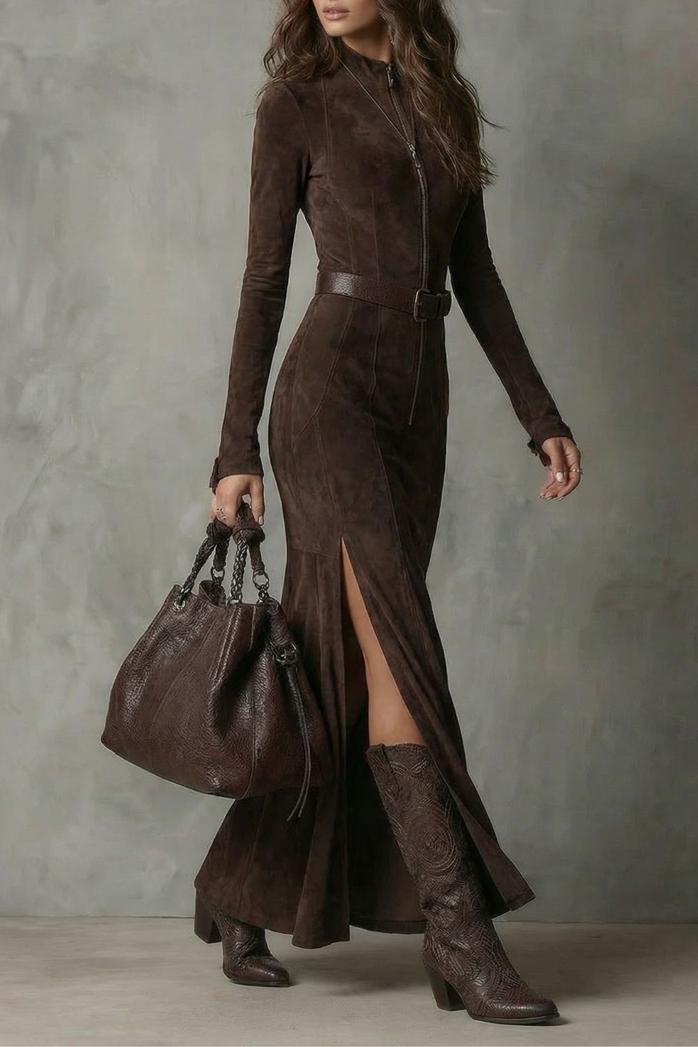 Raviona – Vestido largo de ante con cremallera y cinturón incorporado