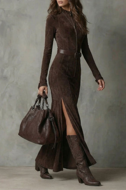 Raviona – Vestido largo de ante con cremallera y cinturón incorporado