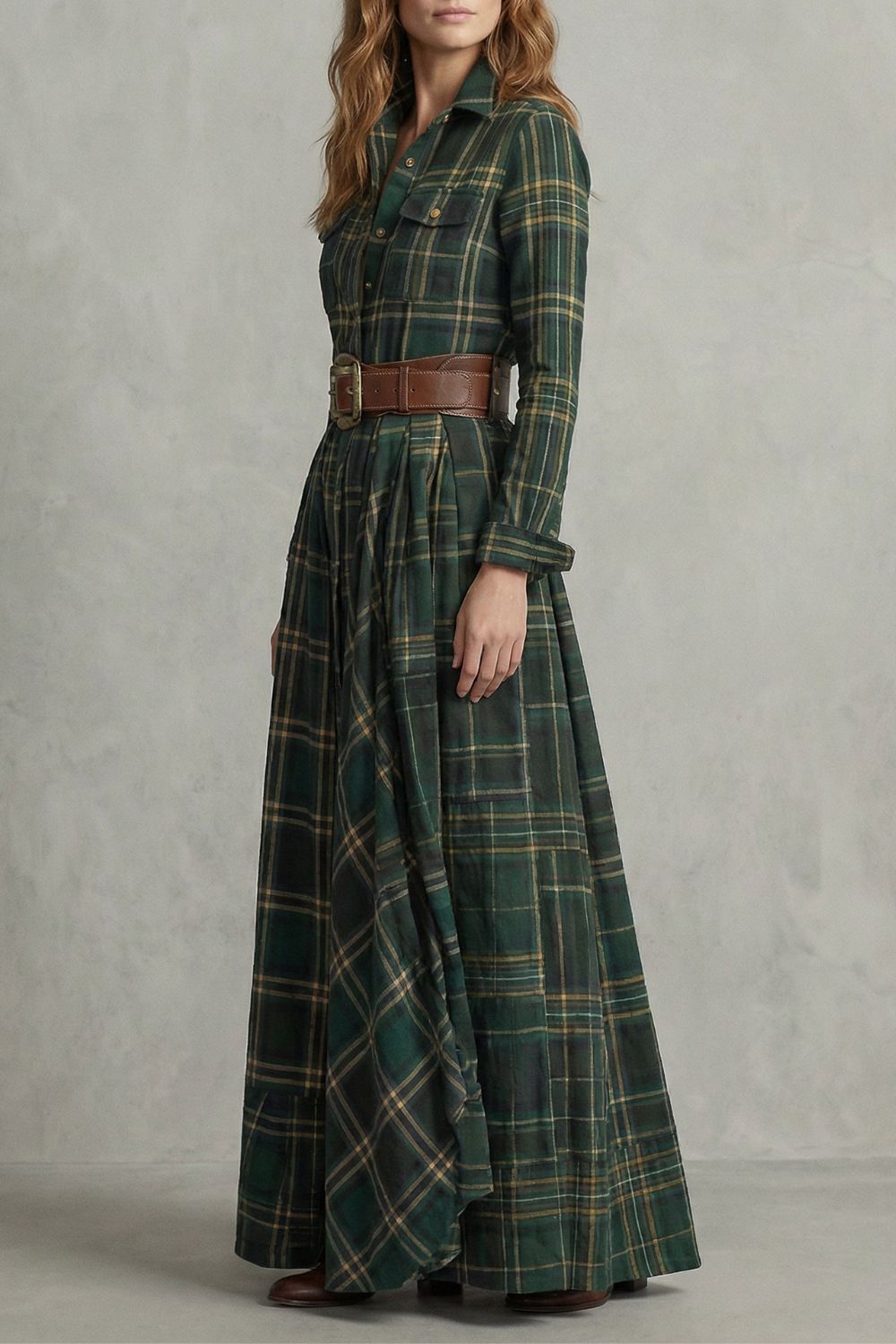 Velerine – Hoogland Encanto vestido camisola largo a cuadros con cinturón