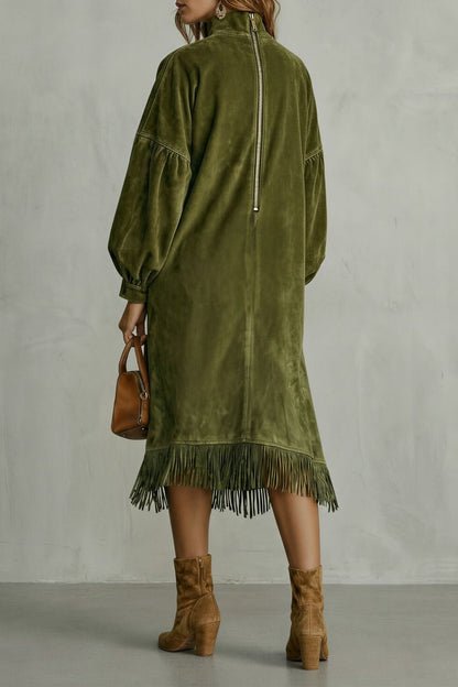 Valdrina – Vestido midi de cuello alto con detalles de flecos de ante
