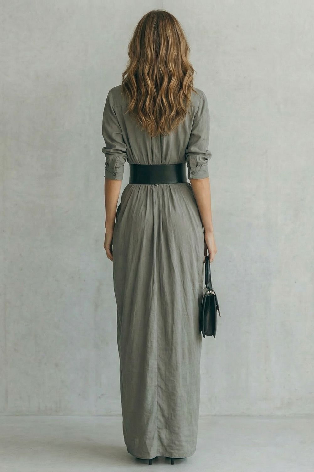 Solenzia – Vestido camisero largo plisado de talle alto con cinturón