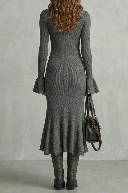 Veloria – Elegante vestido midi con mangas acampanadas y cierre de cremallera.