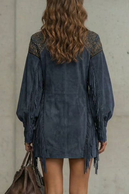 Calvetta – Vestido túnica corto con flecos bordados