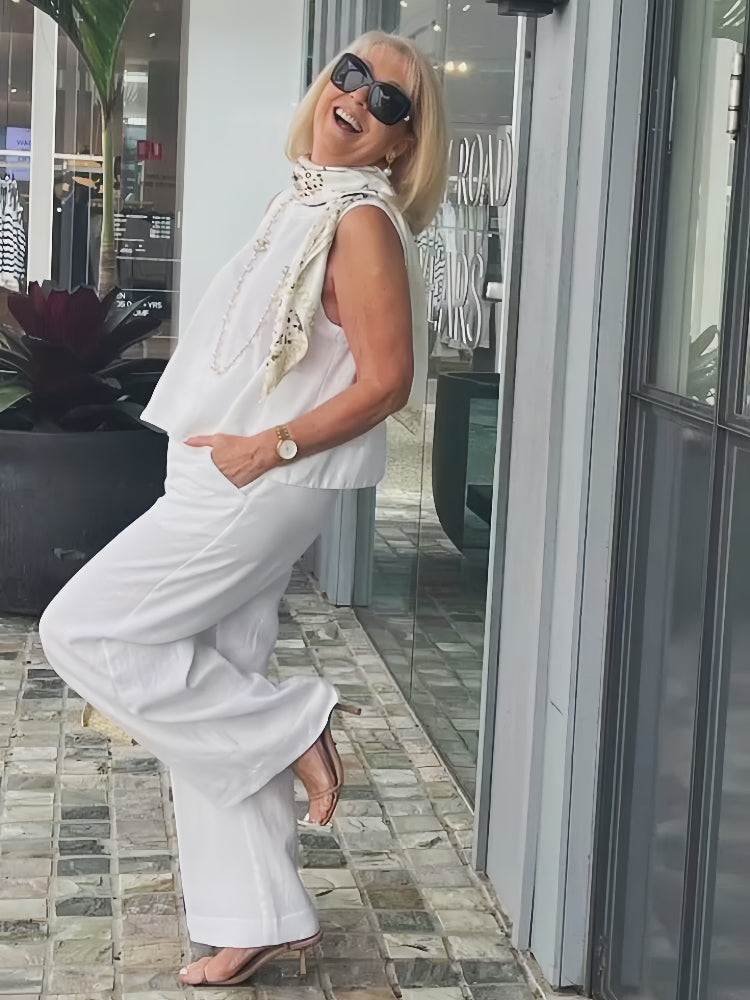 Trinidad™ | Conjunto blanco de blusa y pantalón de pierna ancha