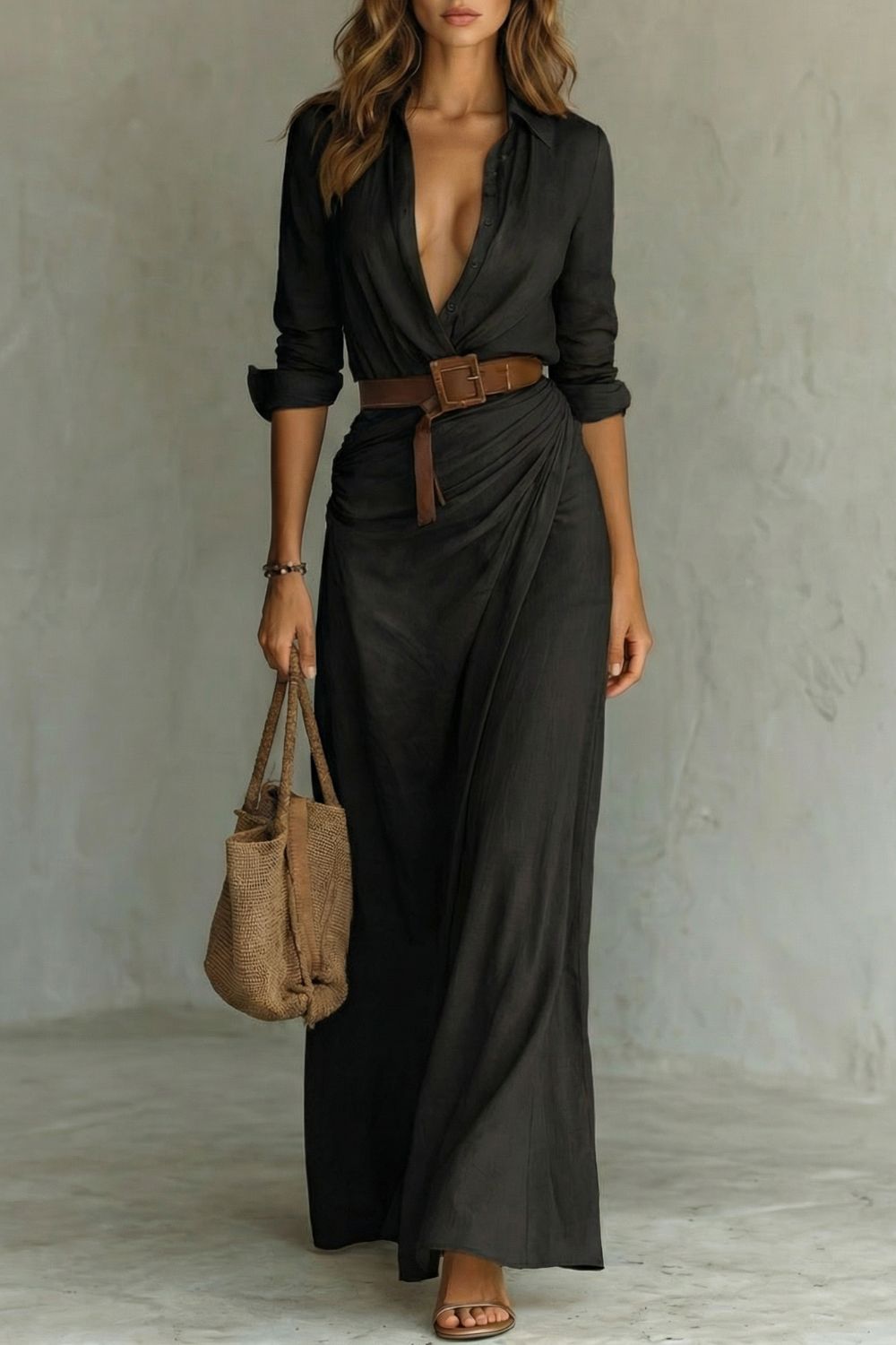 Azura – Vestido cruzado con botones en la parte delantera – Vestido largo con cinturón