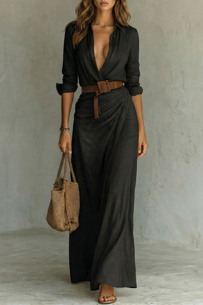 Azura – Vestido cruzado con botones en la parte delantera – Vestido largo con cinturón