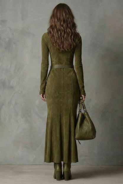 Raviona – Vestido largo de ante con cremallera y cinturón incorporado