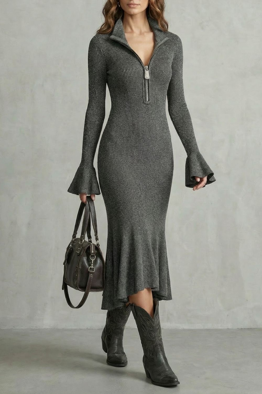 Veloria – Elegante vestido midi con mangas acampanadas y cierre de cremallera.