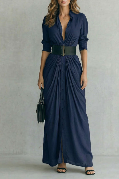 Solenzia – Vestido camisero largo plisado de talle alto con cinturón