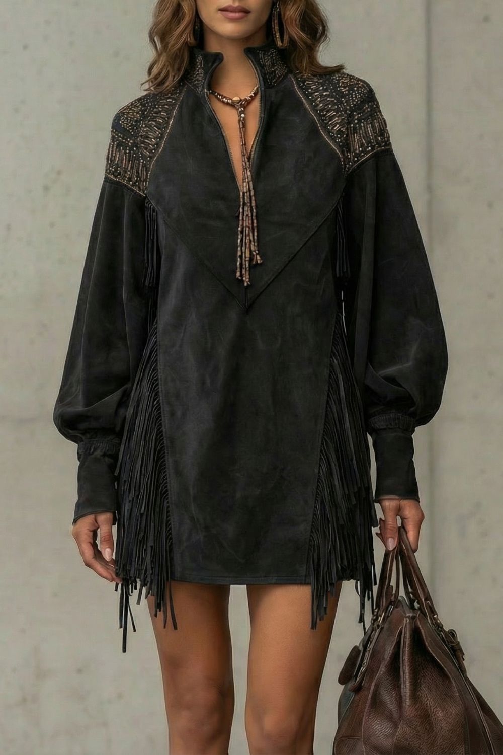 Calvetta – Vestido túnica corto con flecos bordados