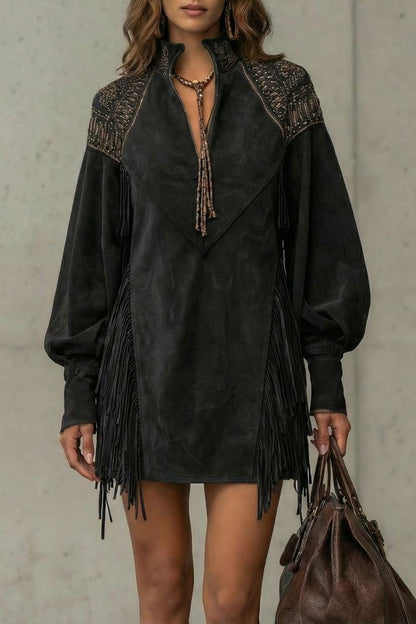 Calvetta – Vestido túnica corto con flecos bordados