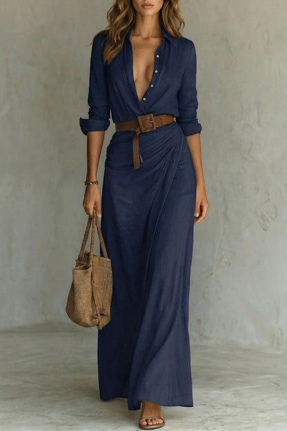 Azura – Vestido cruzado con botones en la parte delantera – Vestido largo con cinturón
