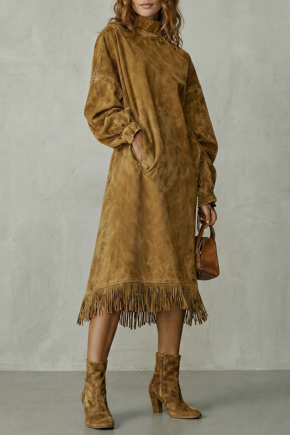 Valdrina – Vestido midi de cuello alto con detalles de flecos de ante