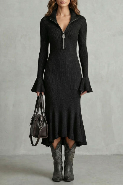 Veloria – Elegante vestido midi con mangas acampanadas y cierre de cremallera.