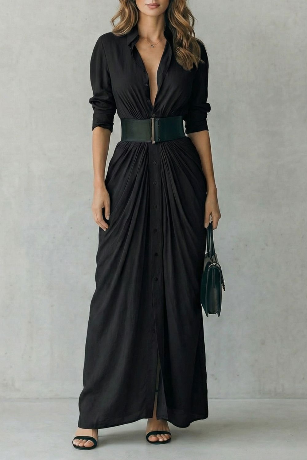 Solenzia – Vestido camisero largo plisado de talle alto con cinturón
